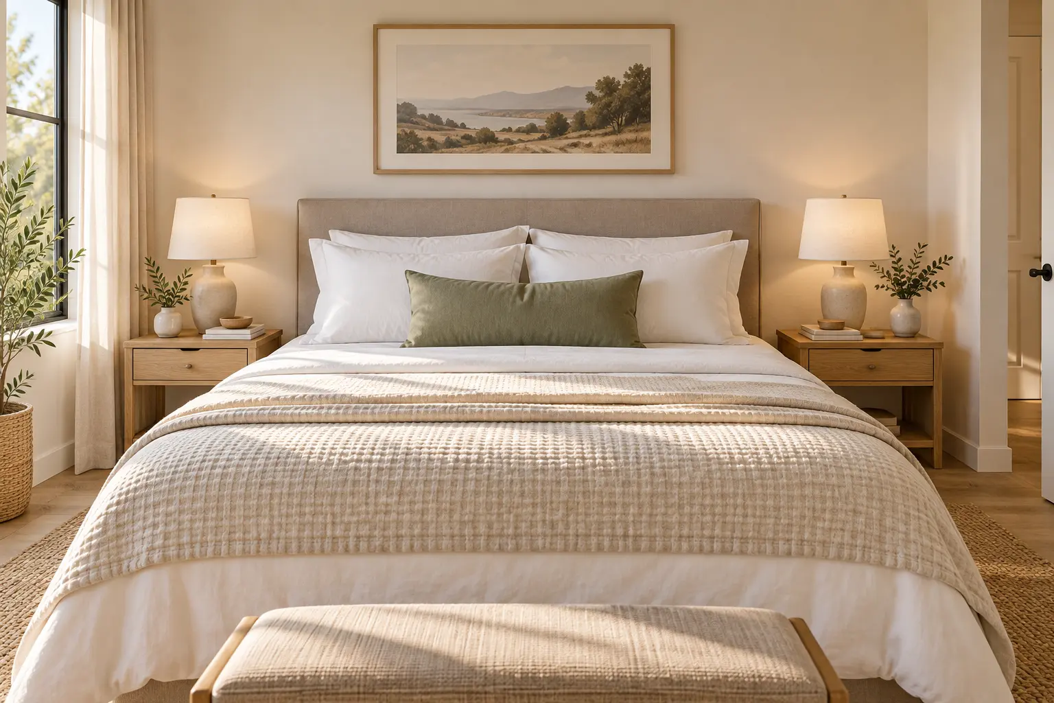 Immaculate bedroom prepared for the next guest.